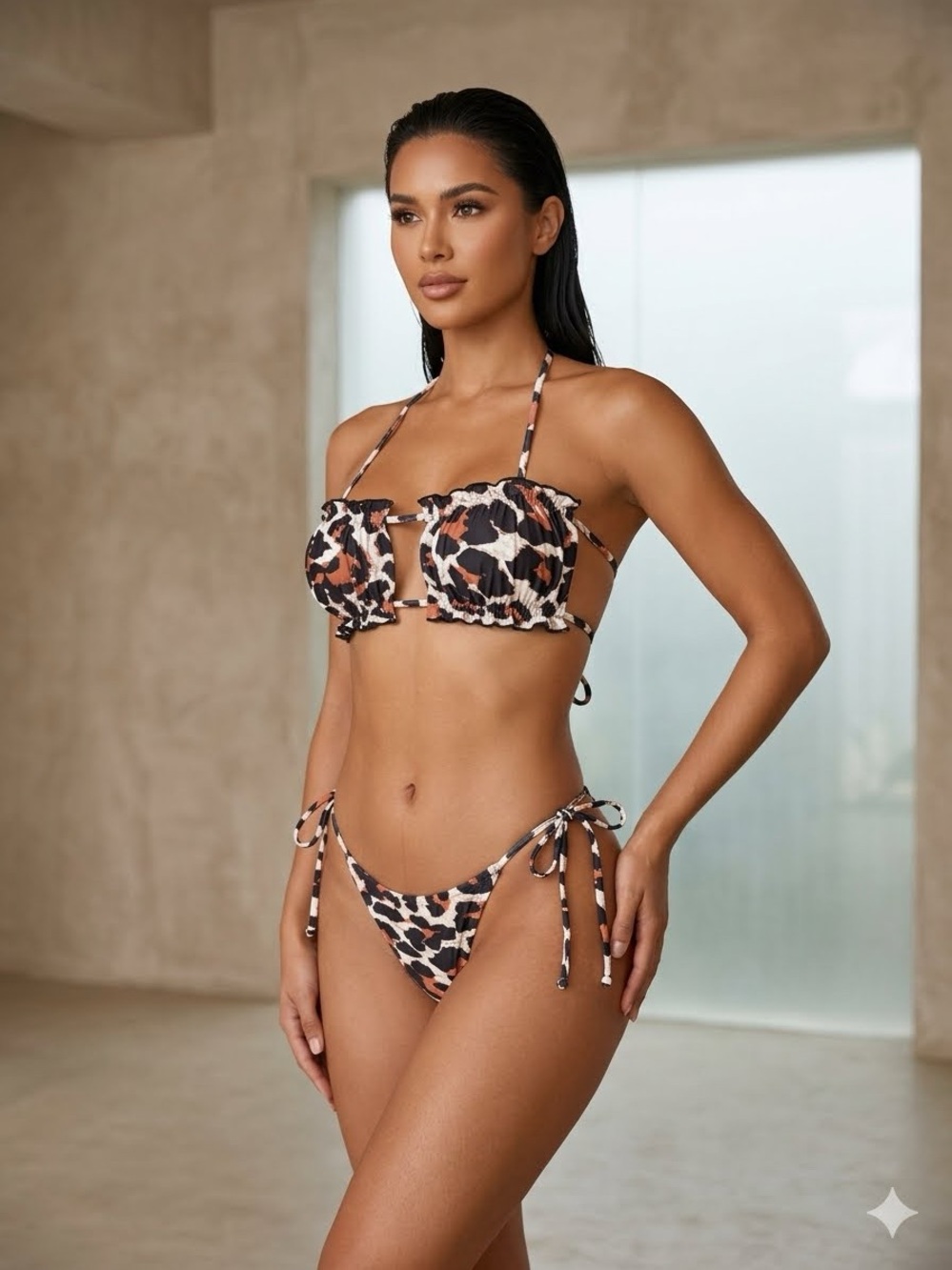 Women’s Tie-Side Bikini Set in Black, Cream & Rust Animal Print